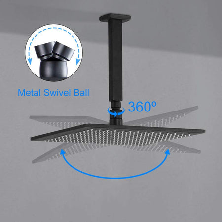 Ceiling Mount Matte Black LED Rain Shower System - Available in 12 inch or 16 inch - 3-Way Anti-Scald Digital Display Rough-in Valve and 6 Body Jets Included" - wonderland shower inc