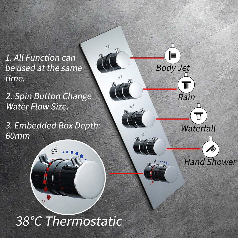 64 LED colors chrome music led flushed in 23x15inch shower head 4 way thermostatic valve that each function run at the same time and separately - wonderland shower inc