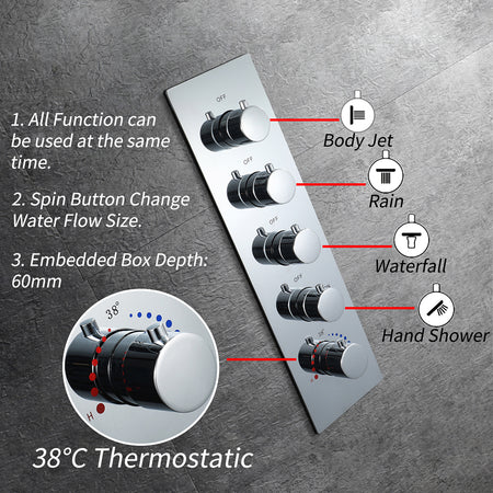 64 LED colors chrome music led flushed in 23x15inch shower head 4 way thermostatic valve that each function run at the same time and separately - wonderland shower inc