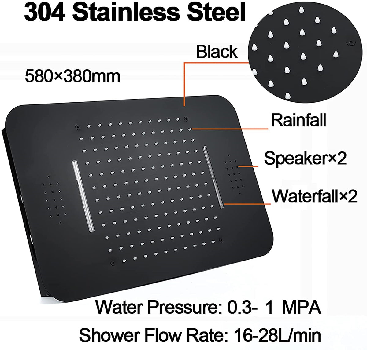Matte Black 23x15-Inch LED Music Shower Head with 4-Way Thermostatic Shower System and Regular Head - wonderland shower inc