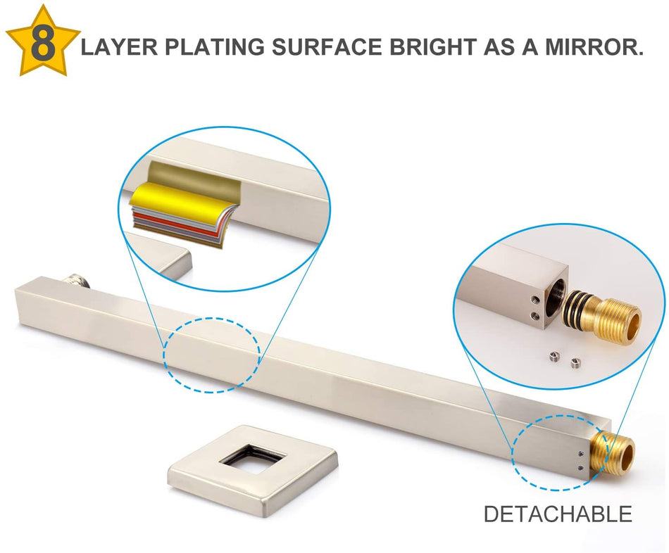 22-Inch Wall-Mounted Brass Shower Arm with Flange in Brushed Nickel Finish