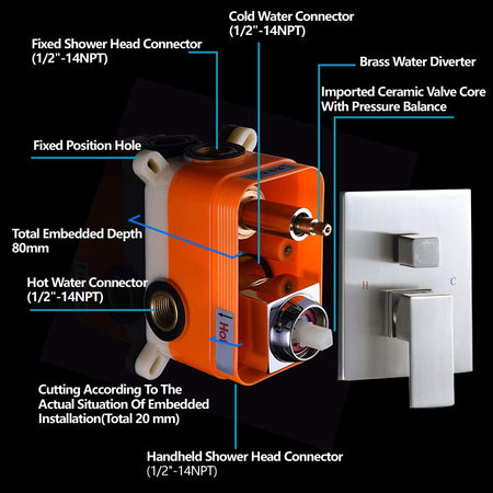 20Inch Ceiling Mount Two way Brushed Nickel Shower System with Rough-in Valve Body and Trim - wonderland shower inc