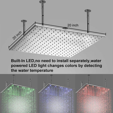 20'' or 24'' Ceiling-Mounted LED Chrome 3-Way Thermostatic Shower Faucet with Independent and Simultaneous Functionality - wonderland shower inc