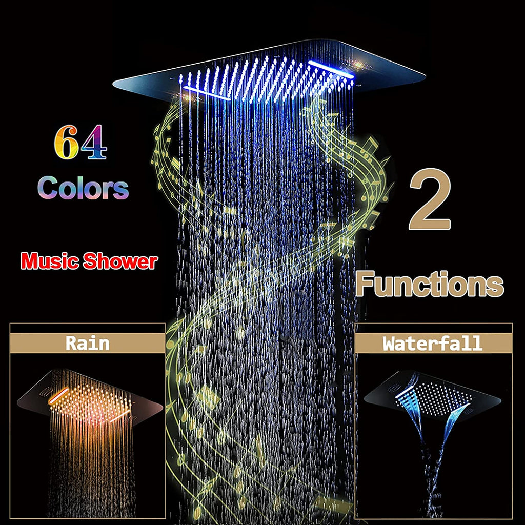 Matte Black 23x15-Inch LED Music Shower Head with 4-Way Thermostatic Shower System and Regular Head - wonderland shower inc
