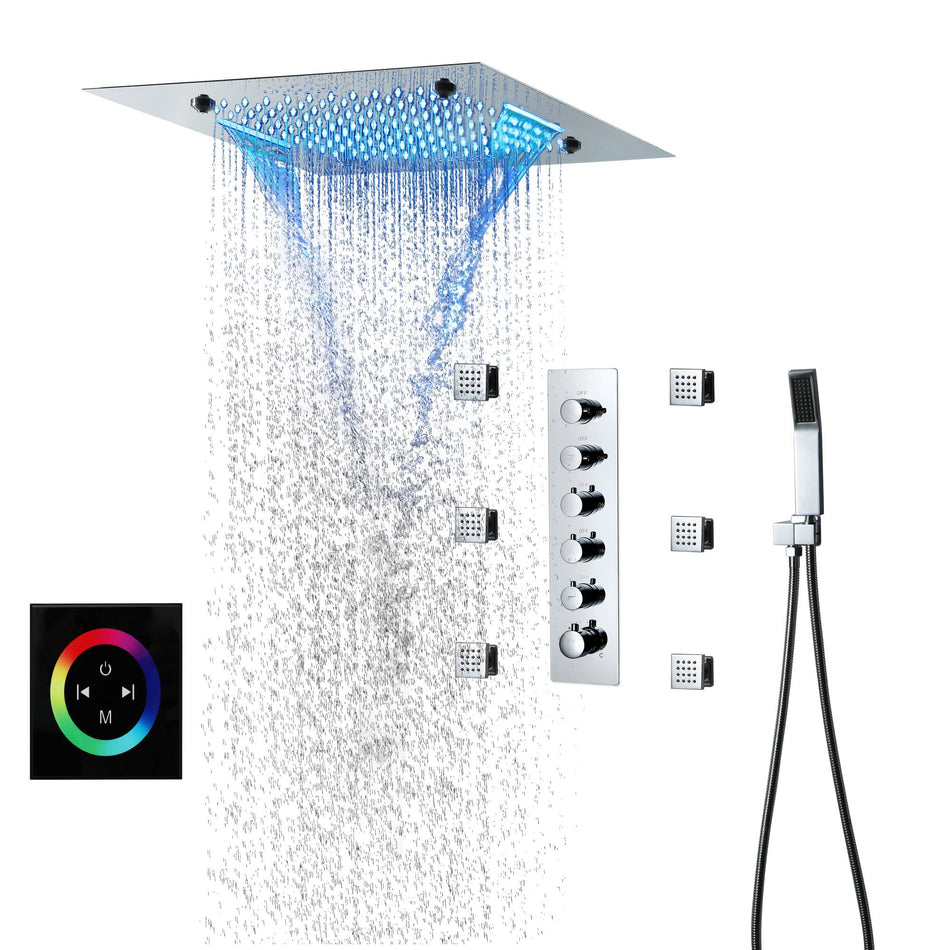 Bluetooth Music 64 LED colors 20inch chrome flushed on rainfall waterfall mist shower systems 5 way thermostatic valve with 6 body jets and touch panel