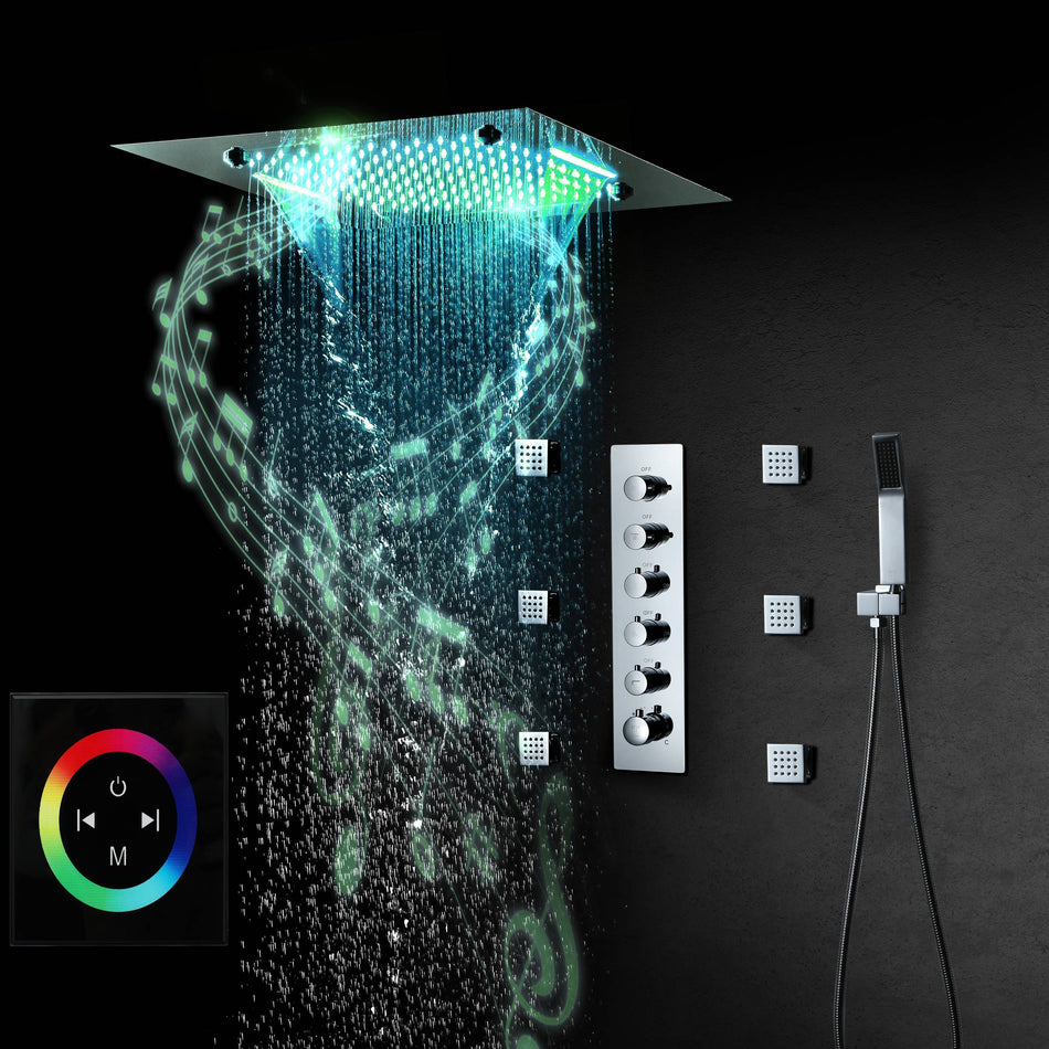 Bluetooth Music 64 LED colors 20inch chrome flushed on rainfall waterfall mist shower systems 5 way thermostatic valve with 6 body jets and touch panel