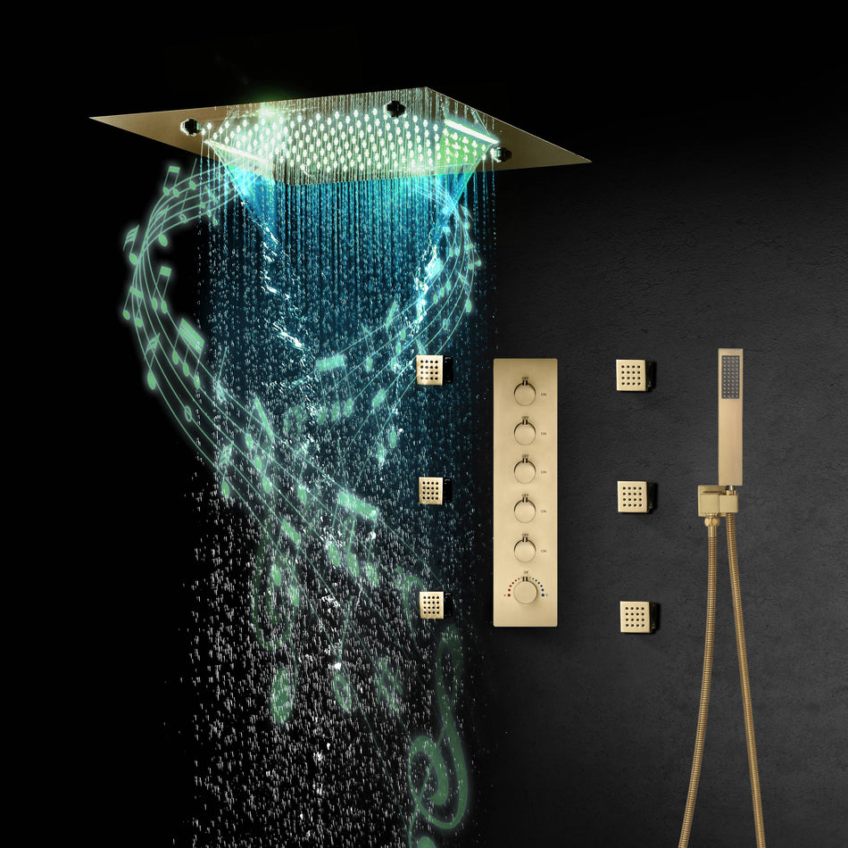 Brushed Gold 5-Way Thermostatic Shower System with 20-Inch LED Rainfall, Waterfall, and Mist Functions, Bluetooth Music, 6 Body Jets, and Touch Panel Control, Flush-Mounted Design