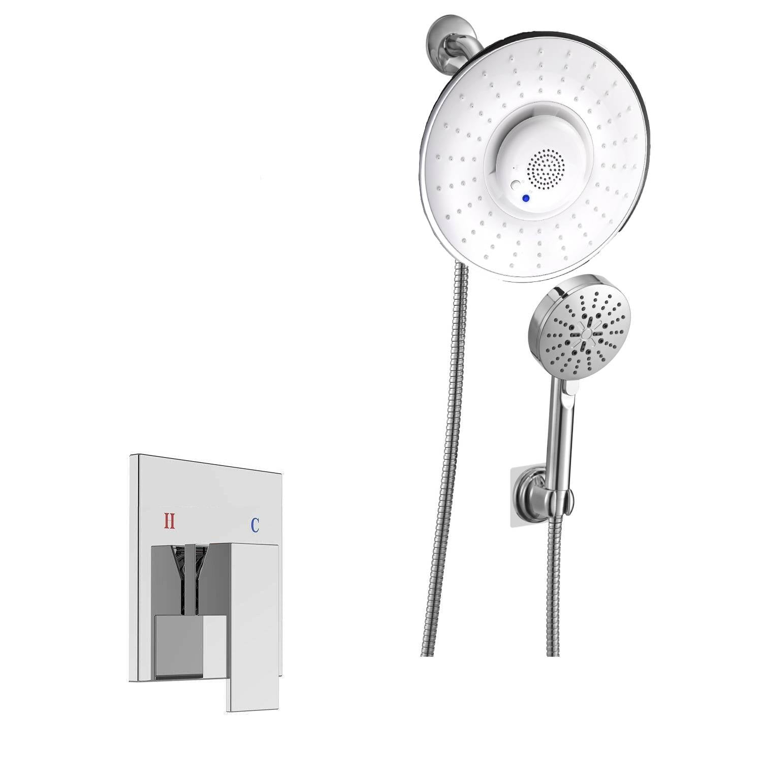 Chrome 8inch wireless music shower head system with single function rough in valve and 4inch handle sprayer - wonderland shower inc