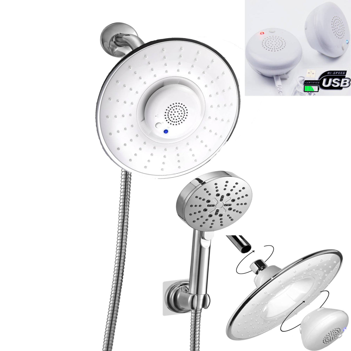 Chrome 8inch wireless music shower head system with single function rough in valve and 4inch handle sprayer - wonderland shower inc