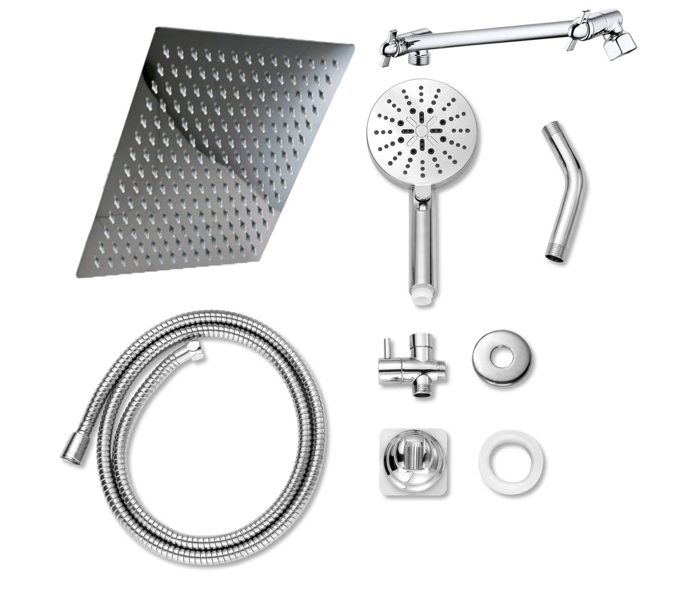8-inch LED Stainless Steel Rainfall Shower Head: Adjustable Arm, Chrome Finish, 3-Way Brass Diverter, and 4-inch Handheld Shower