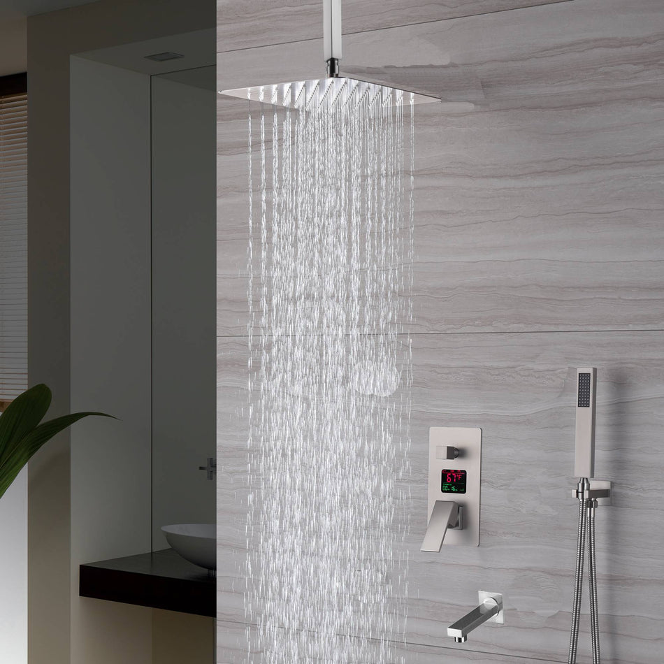 Brushed nickel ceiling mount rainfall shower head 3 way digital display anti scald Shower Faucet with tub spout - wonderland shower inc