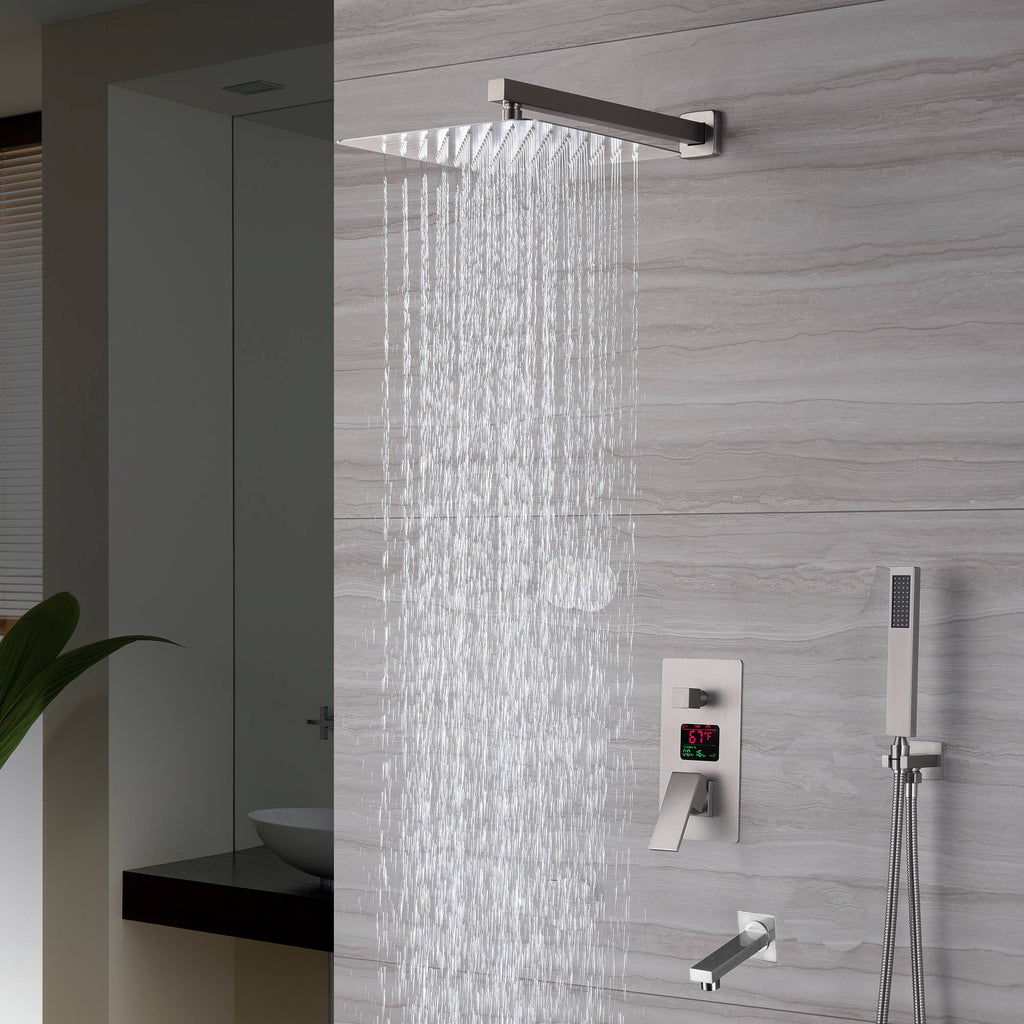 Brushed nickel wall mount rainfall shower head 3 way digital display anti scald  Shower Faucet with tub spout - wonderland shower inc