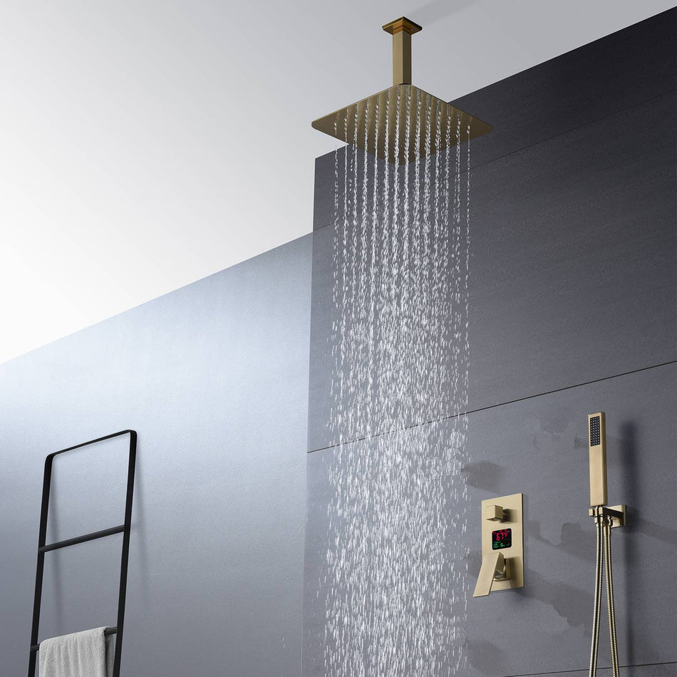 Brushed Gold Ceiling-Mounted Shower Faucet with 2-Way Digital Display, Optional 16'' or 12'' Rain Head