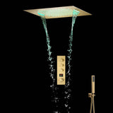 Brushed Gold 20-Inch Flush-Mounted Rainfall & Waterfall Shower System with Digital Display Thermostatic Faucet, 64-Color LED, Music, and 3-Way Functionality - All Functions Operable Simultaneously or Separately