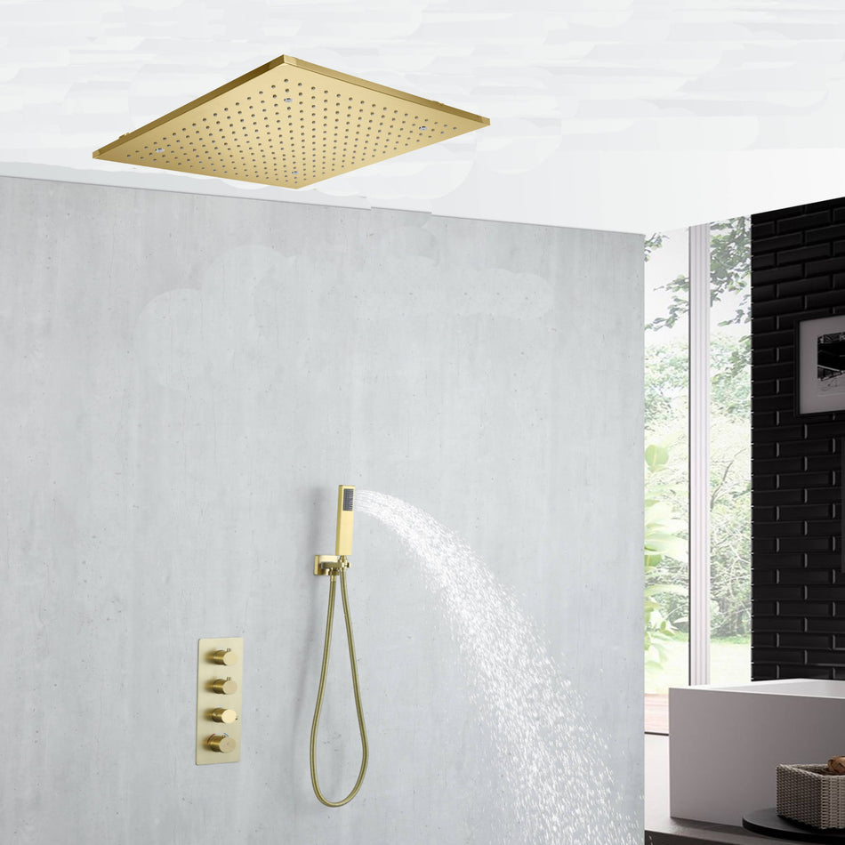 20 inch mist rain ceiling mount Brushed gold 3 way thermostatic shower faucet with handle sprayer