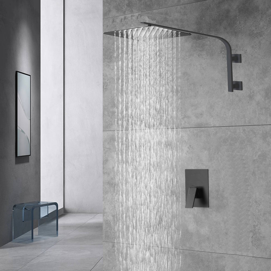 12inch rain head Big arc Wall Mounted Matte Black Shower System with single way Rough-in Valve Body and Trim