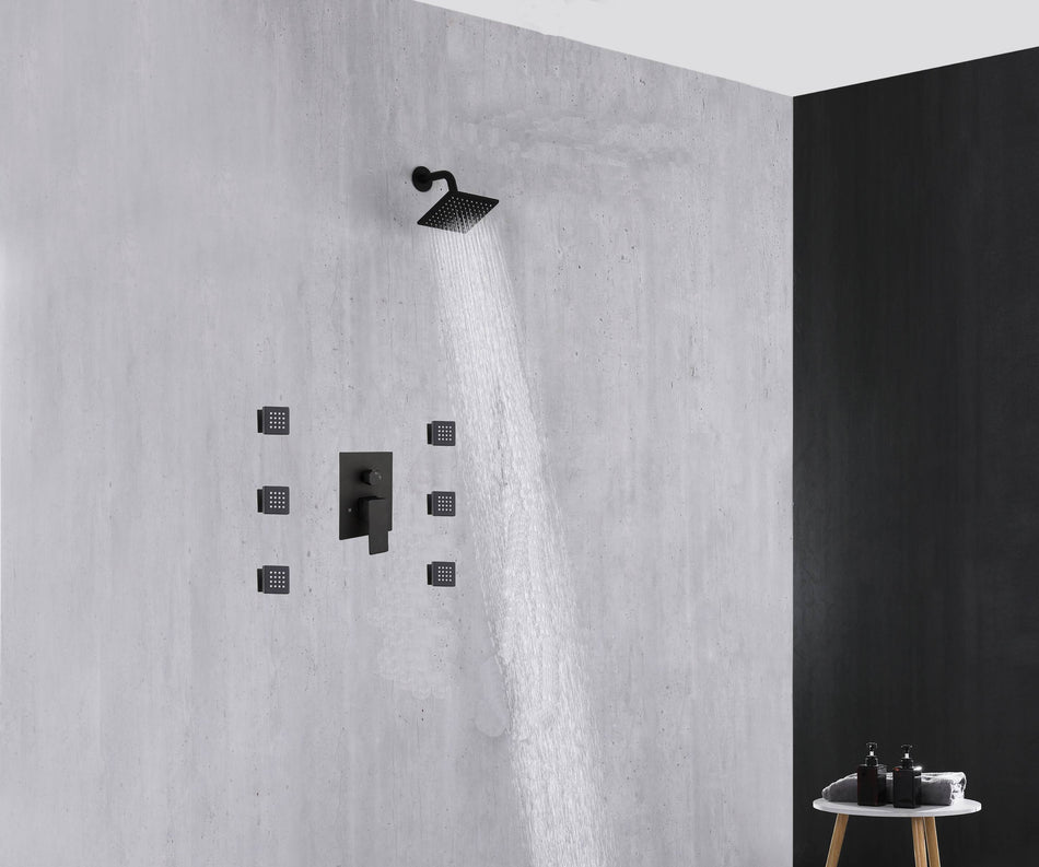 two functions  6 inch regular head Wall Mounted Matte Black shower faucet pressure balance rough in valve with body jets