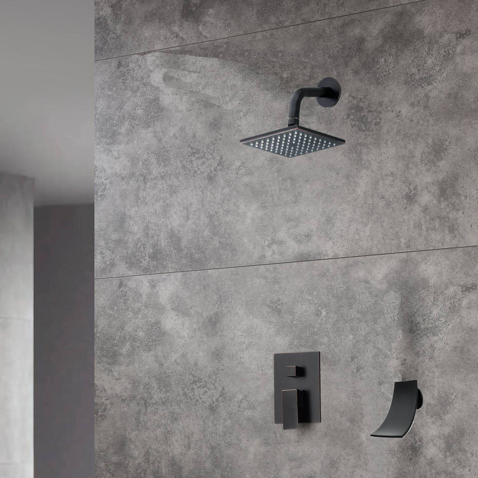 Oil Rubbed Bronze 6-Inch High Water Pressure Wall Mount Regular Shower Head 2-Way Faucet System with Waterfall Tub Spout