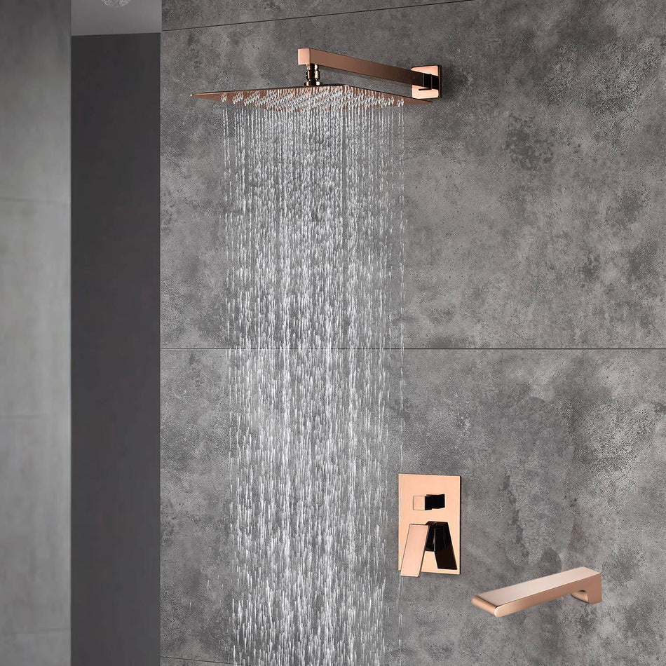 12-Inch Rose Gold Wall Mounted Two-Way Pressure Balance Shower System with Waterfall Tub Spout