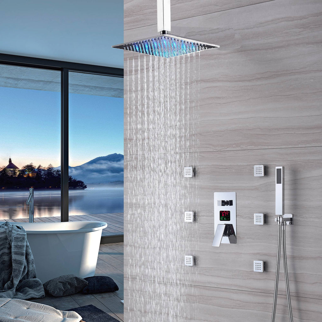 ceiling mount LED chrome 3 functions Digital Display anti scald Shower systems With 6 brass Body Jet Sprayer Chrome Finish - wonderland shower inc