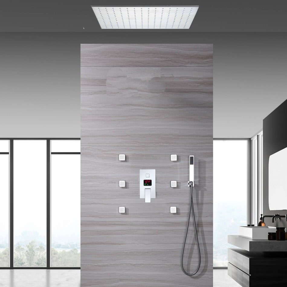 20 inch or 24 inch LED Ceiling mounted 3 way Chrome Digital display anti scald  Shower Faucet with 6 body jets