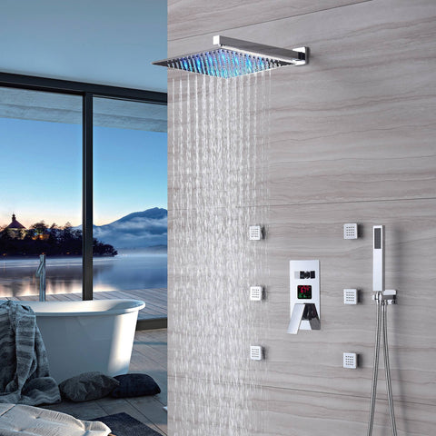 LED Chrome wall mounted Rain shower with body jets 3 way digital display anti scald  rough in valve - wonderland shower inc