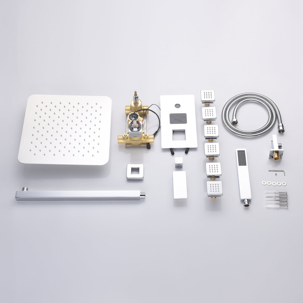 LED Chrome wall mounted Rain shower with body jets 3 way digital display anti scald  rough in valve - wonderland shower inc