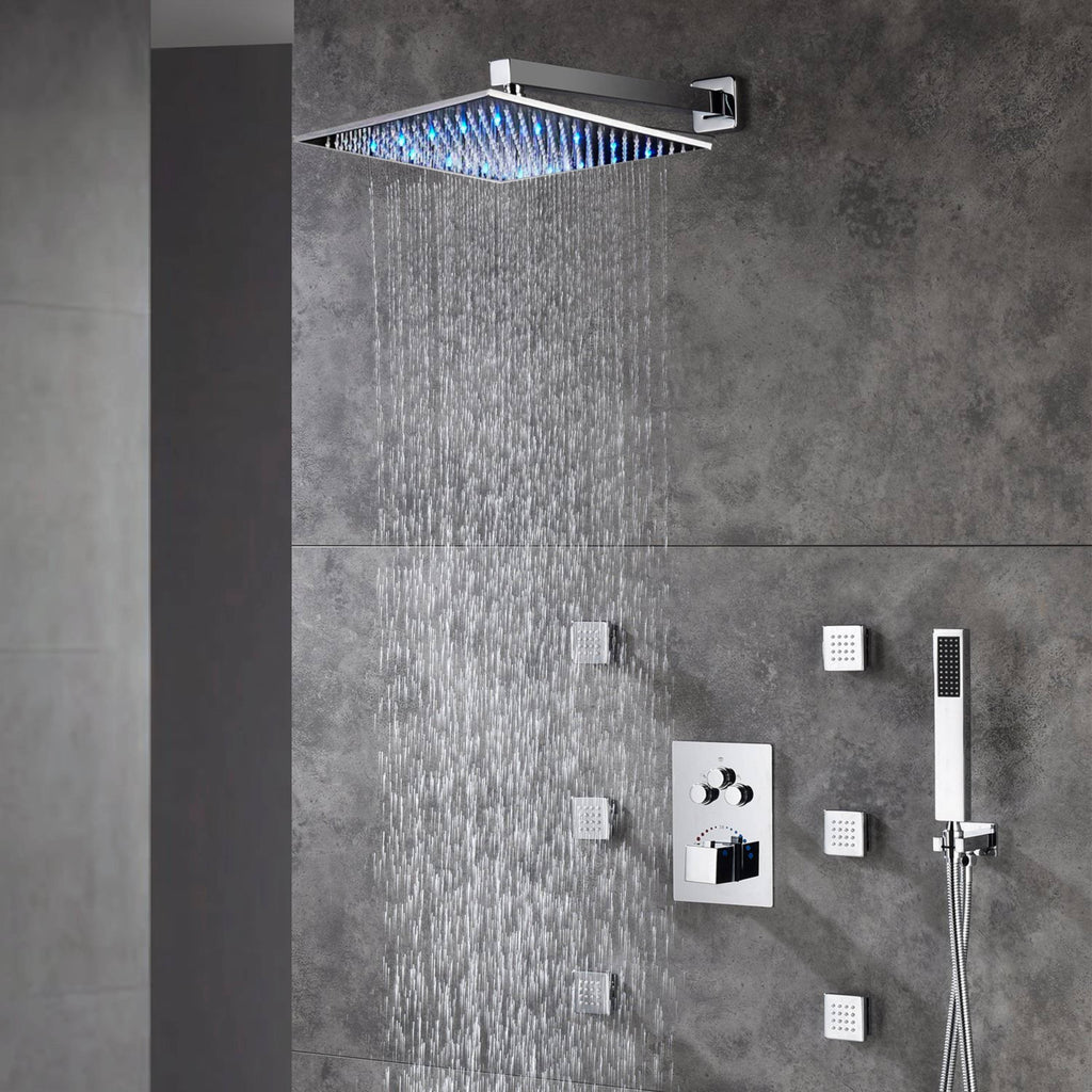 12inch or 16 inch Chrome 3 colors LED light 3 way Thermostaic Shower valve systems with 6 body jets that each function run at the same time and separately - wonderland shower inc