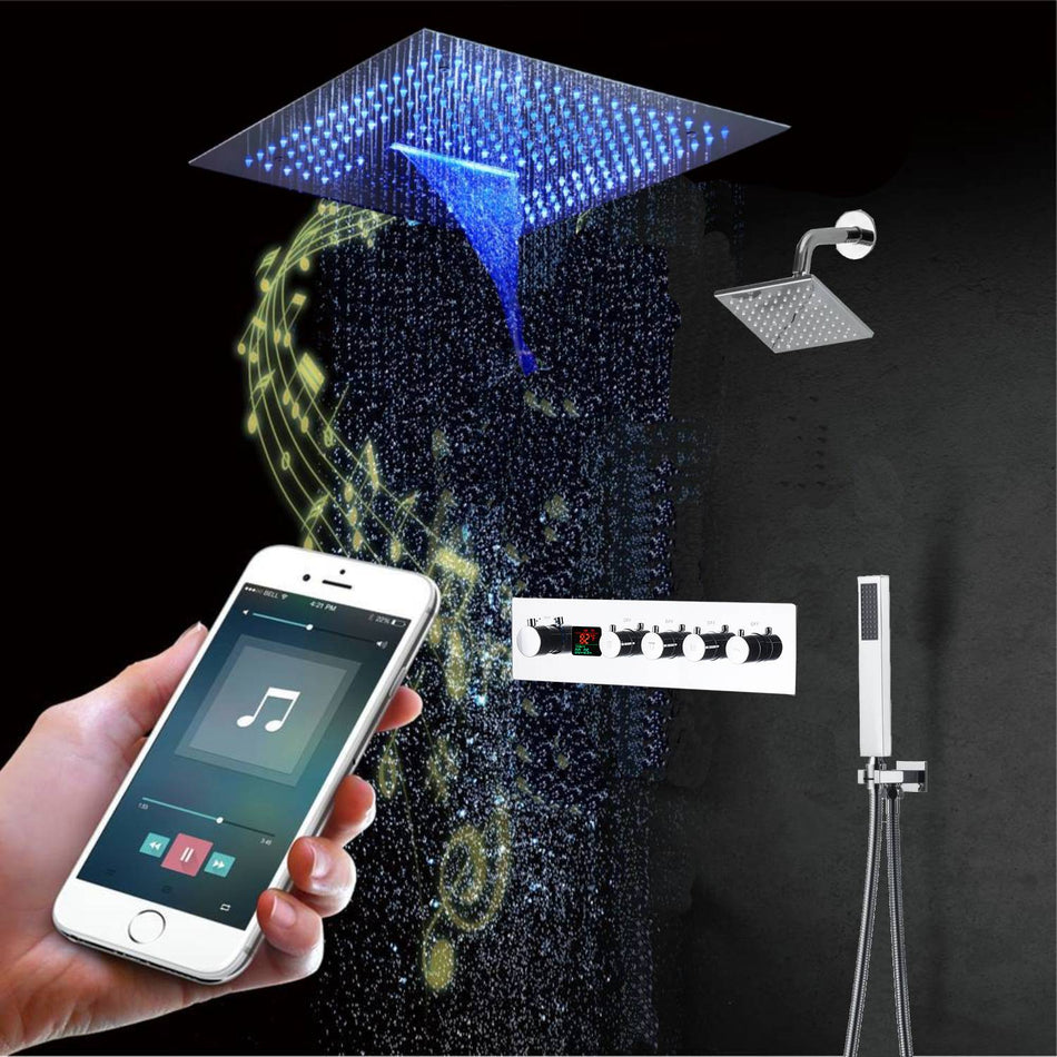 16-Inch Flush-Mount Chrome Thermostatic Shower Faucet: 4-Way Control, 64-Color LED Lighting, Bluetooth Music, Digital Display, with Regular Shower Head