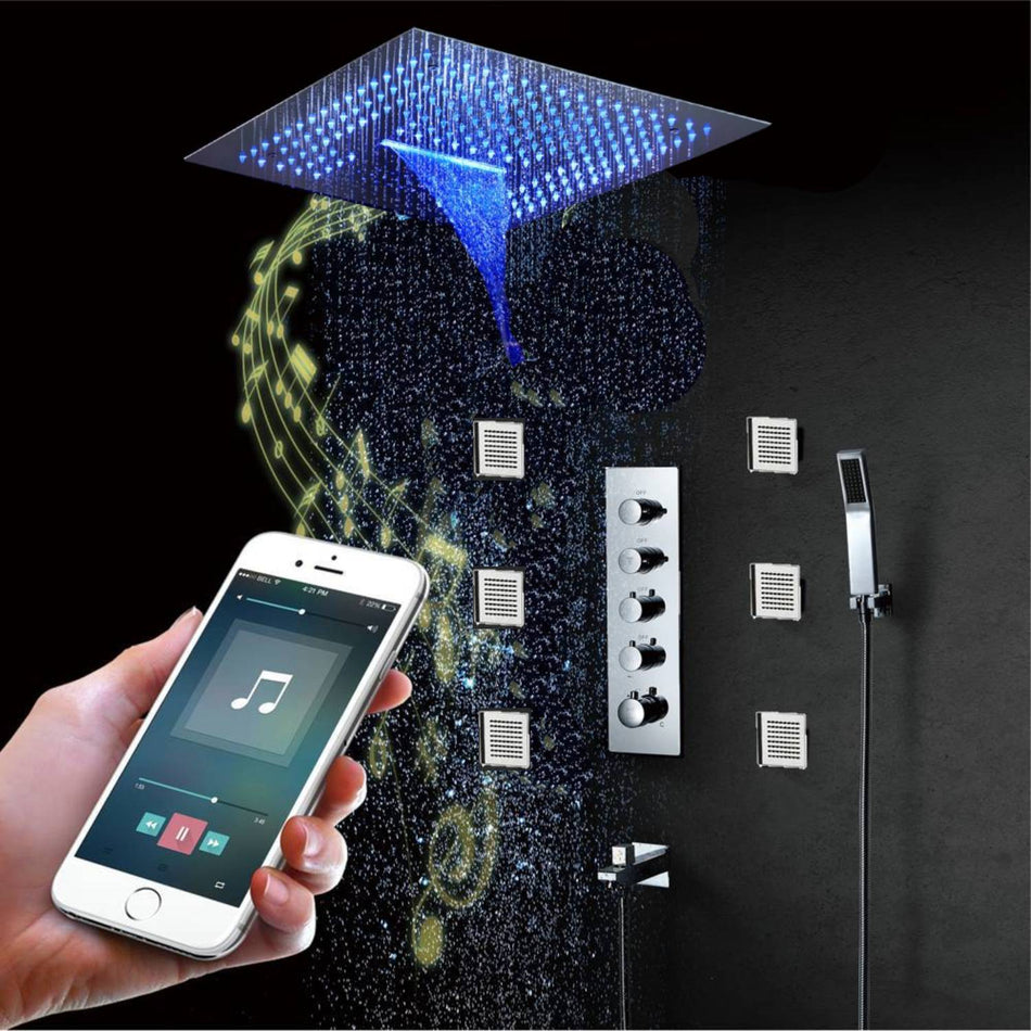 16-Inch Chrome Thermostatic Shower Faucet: 4-Way Control, Flush-Mounted, 64-Color LED Lighting, Bluetooth Music, and Six Body Jets Features