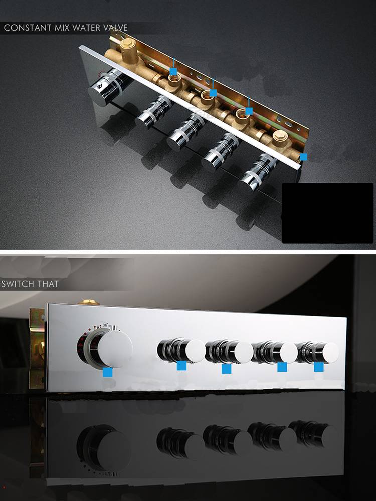 16-Inch Chrome Thermostatic Shower Faucet: Flush-Mounted, 64-Color LED Lighting, Bluetooth Music, 4-Way Control, and 4-Inch Body Jet Features - wonderland shower inc