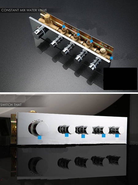 16-Inch Chrome Thermostatic Shower Faucet: Flush-Mounted, 64-Color LED Lighting, Bluetooth Music, 4-Way Control, and 4-Inch Body Jet Features - wonderland shower inc