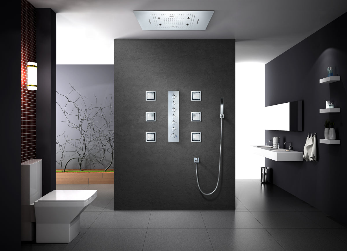 Chrome Flush in 31" Rainfall waterfall mist water column Shower Head Faucet 6 Function digital display Thermostatic shower system with flushed body jets - wonderland shower inc