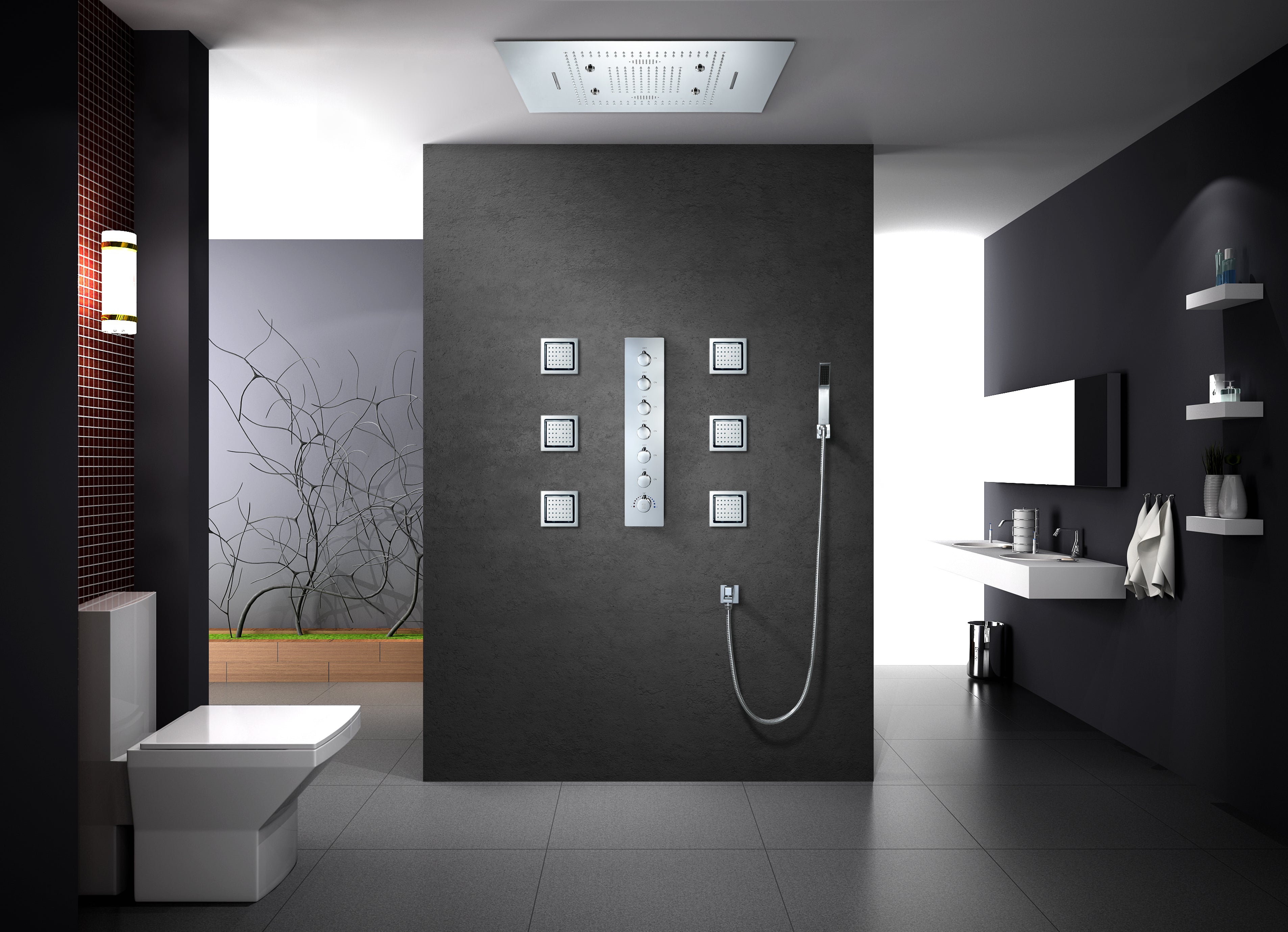 Chrome Flush in 31" Rainfall waterfall mist water column Shower Head Faucet 6 Function digital display Thermostatic shower system with flushed body jets - wonderland shower inc