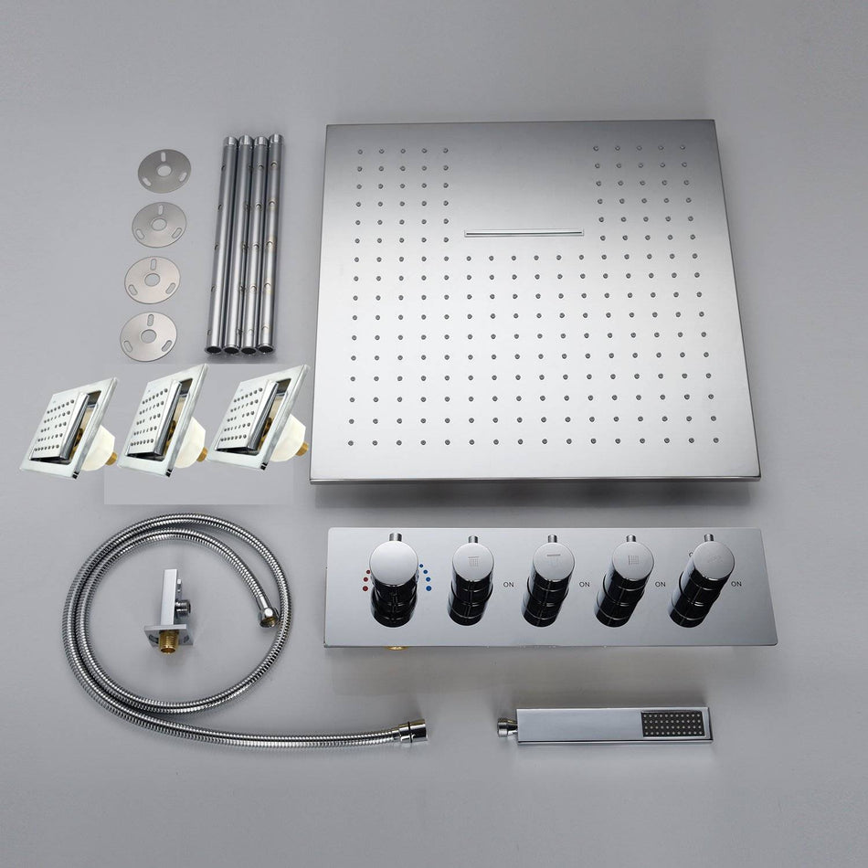 20inch flushed on chrome ceiling mount rainfall waterfall shower systems 4 way thermostatic valve with 4 flushed body jets