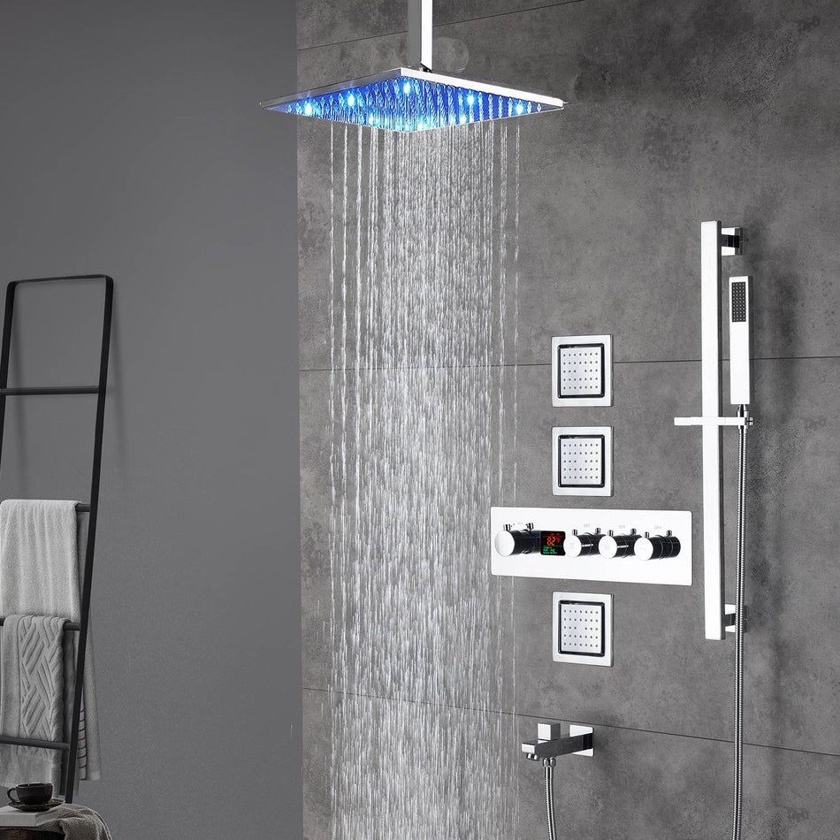 Chrome Ceiling Mount 12-Inch or 16-Inch Rain Shower System: LED or Non-LED, 3-Way Digital Thermostatic Control, Sliding Bar, and 4-Inch Body Jets