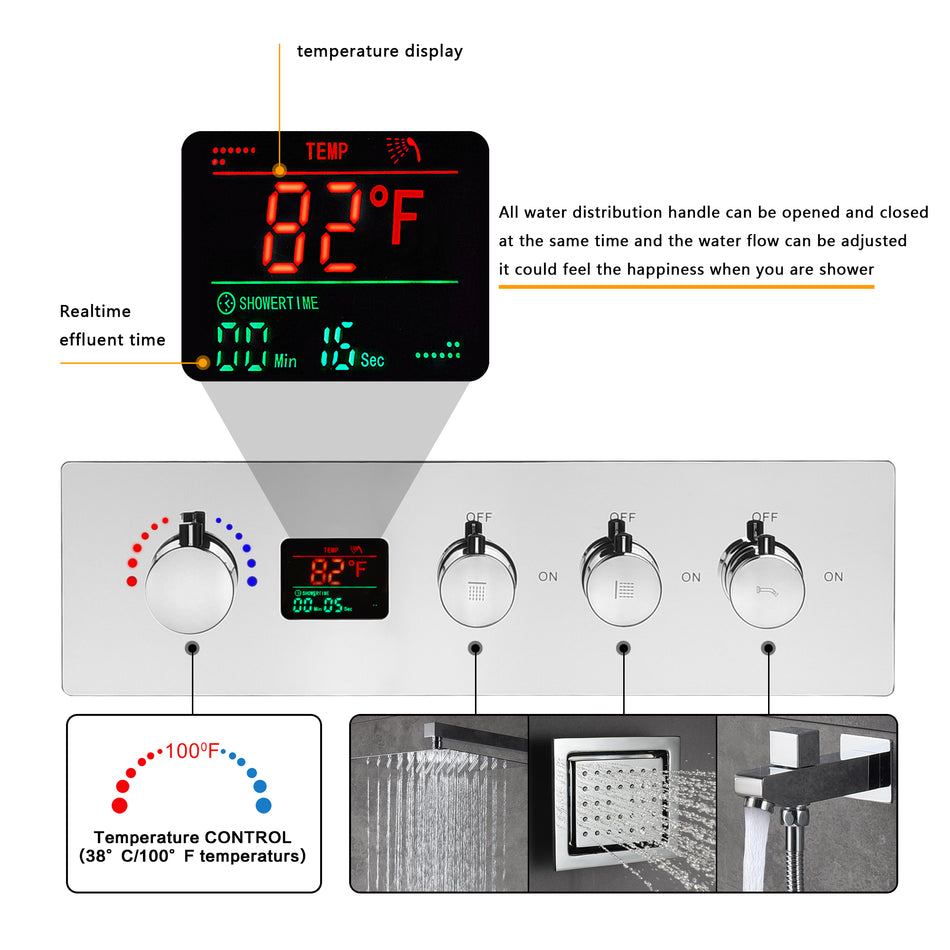 20 INCH or 24 inch LED Rain Ceiling Shower faucets Chrome  3 way digital Thermostatic with body jets