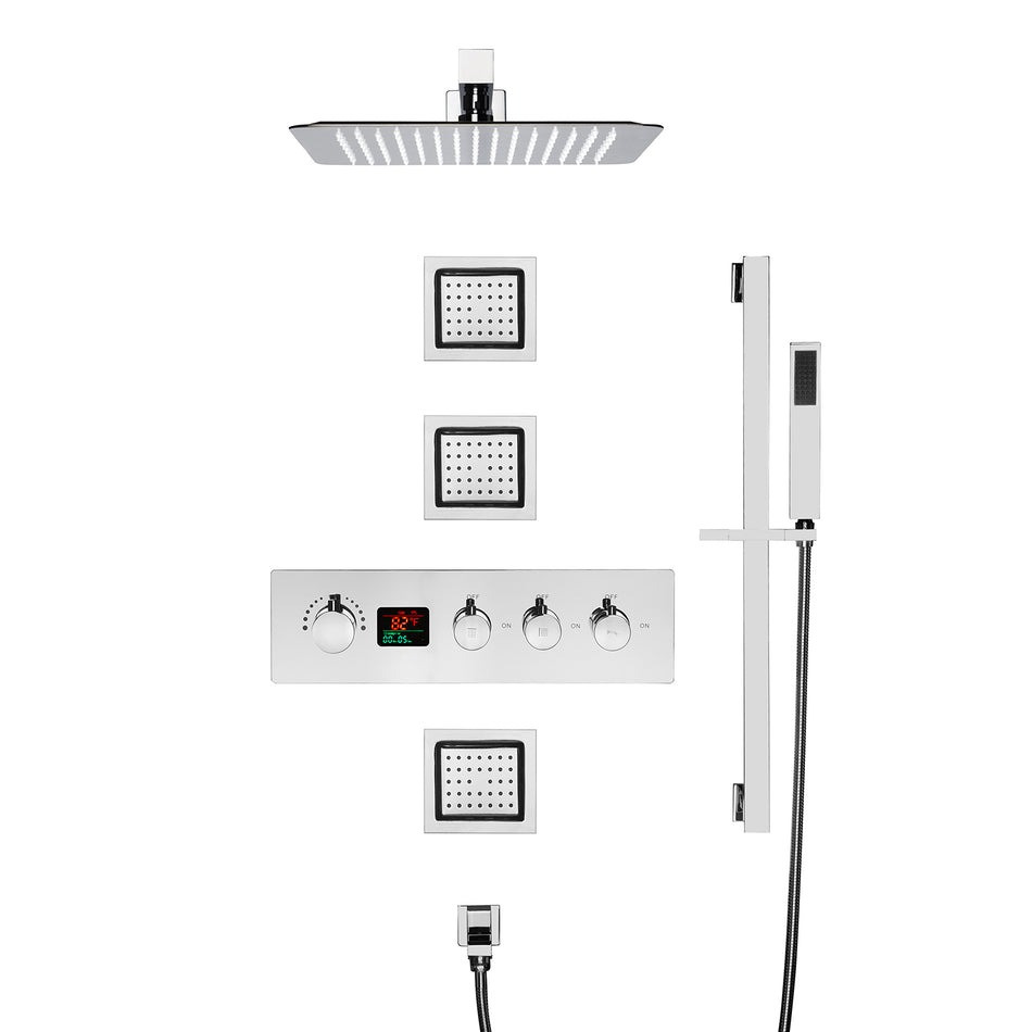 12inch  Wall mount 3 way digital thermostatic shower faucet with sliding bar and 4inch body jets