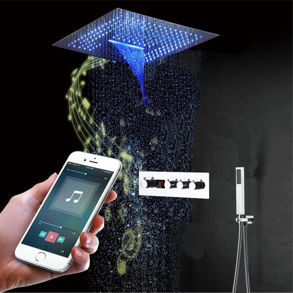 16-Inch Chrome Thermostatic Shower Faucet: Flush-Mounted, 3-Way Digital Control, 64-Color LED Lighting, Bluetooth Music