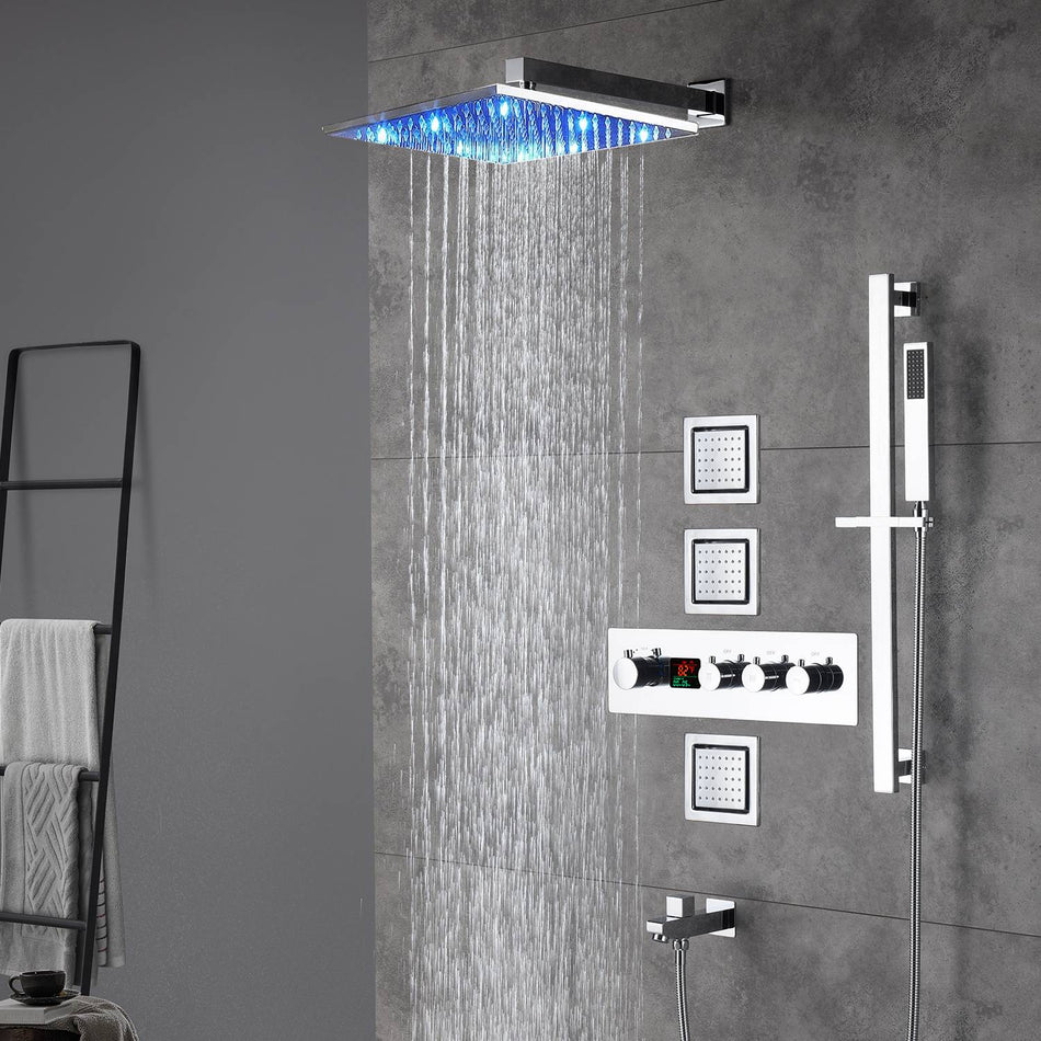 12inch LED Wall mount 3 way digital thermostatic shower faucet with sliding bar and 4inch body jets