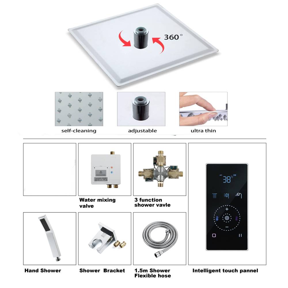 16INCH LED Rain Shower Set Sprayer Chrome Ceiling Mount 3 way touch digital valve with 6 body jets - wonderland shower inc