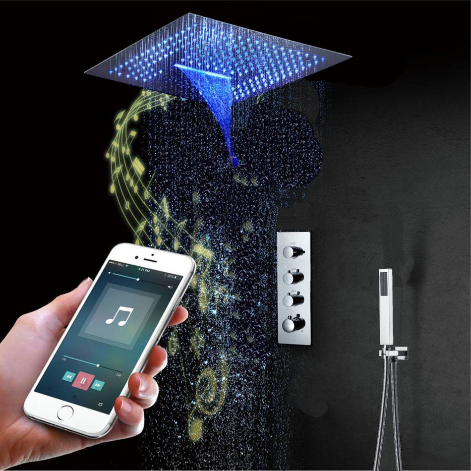 16-Inch Chrome Thermostatic Shower Faucet: Flush-Mounted, 3-Way Control, 64-Color LED Lighting, Bluetooth Music