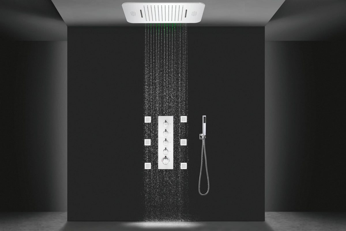 64 LED colors chrome music led flushed in 23x15inch shower head 4 way thermostatic valve that each function run at the same time and separately - wonderland shower inc