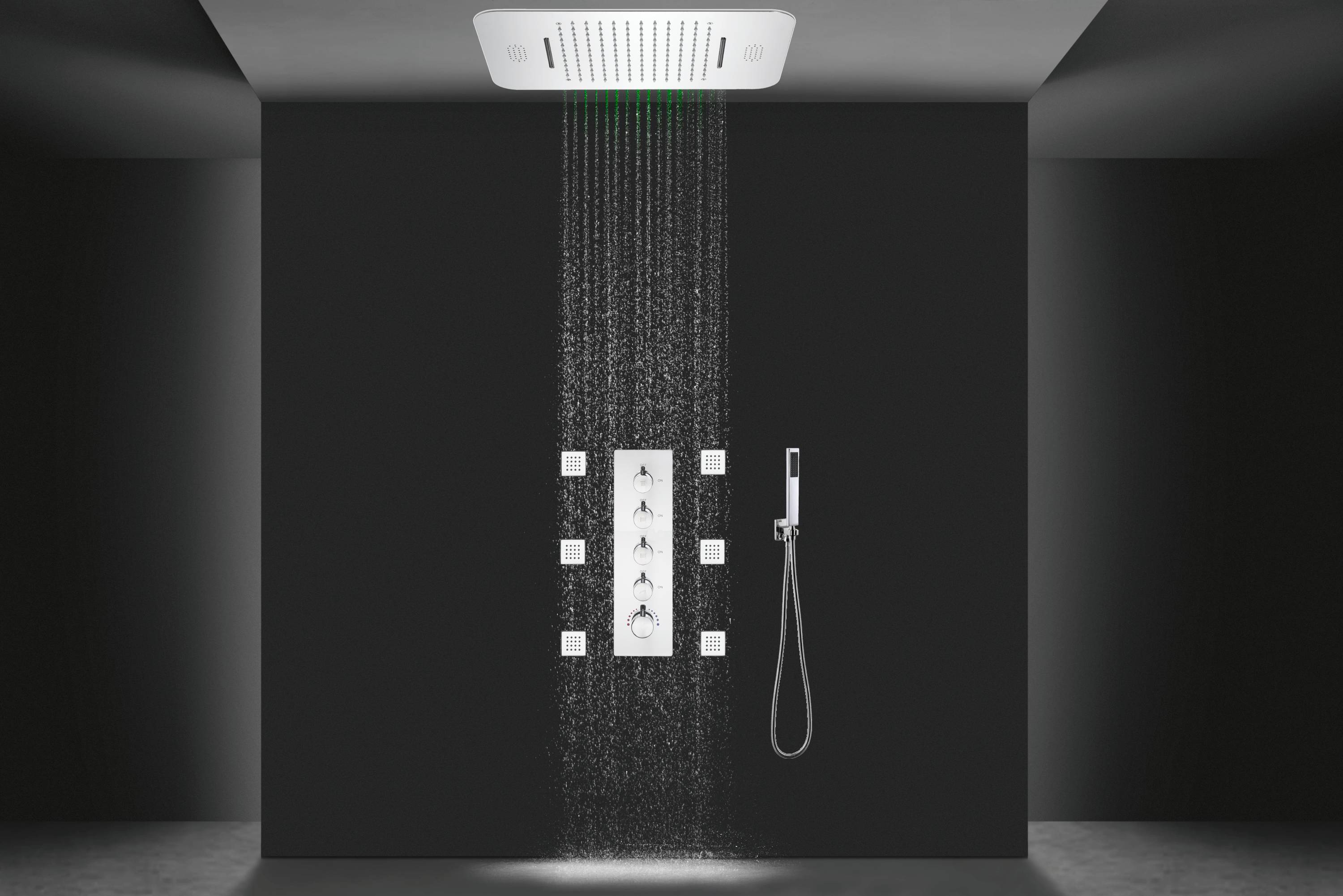 64 LED colors chrome music led flushed in 23x15inch shower head 4 way thermostatic valve that each function run at the same time and separately - wonderland shower inc