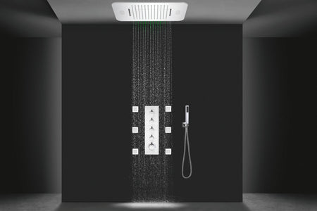 64 LED colors chrome music led flushed in 23x15inch shower head 4 way thermostatic valve that each function run at the same time and separately - wonderland shower inc