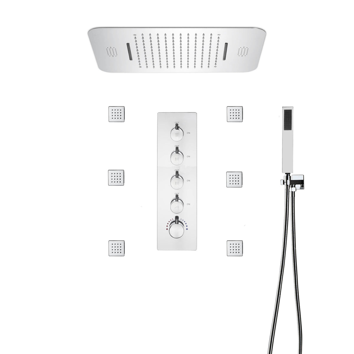 64 LED colors chrome music led flushed in 23x15inch shower head 4 way thermostatic valve that each function run at the same time and separately - wonderland shower inc