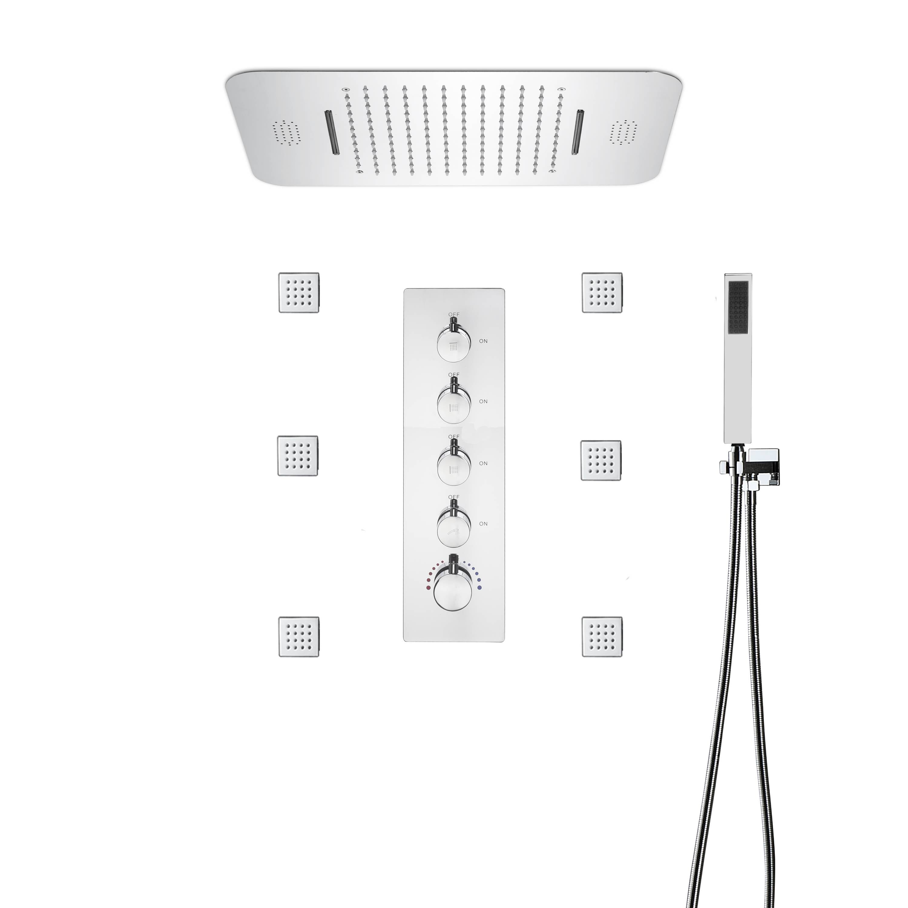 64 LED colors chrome music led flushed in 23x15inch shower head 4 way thermostatic valve that each function run at the same time and separately - wonderland shower inc