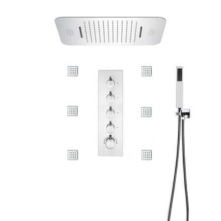 64 LED colors chrome music led flushed in 23x15inch shower head 4 way thermostatic valve that each function run at the same time and separately - wonderland shower inc