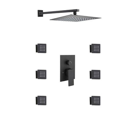 8 inch matte black rain shower system 2 way rough in valve with trim and 6 body jets - wonderland shower inc