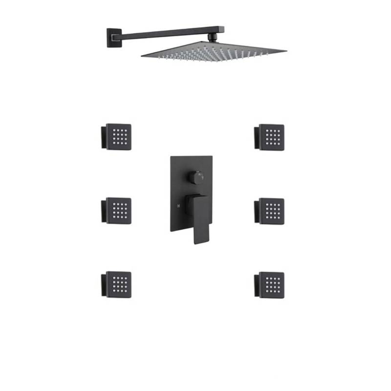 8 inch matte black rain shower system 2 way rough in valve with trim and 6 body jets - wonderland shower inc